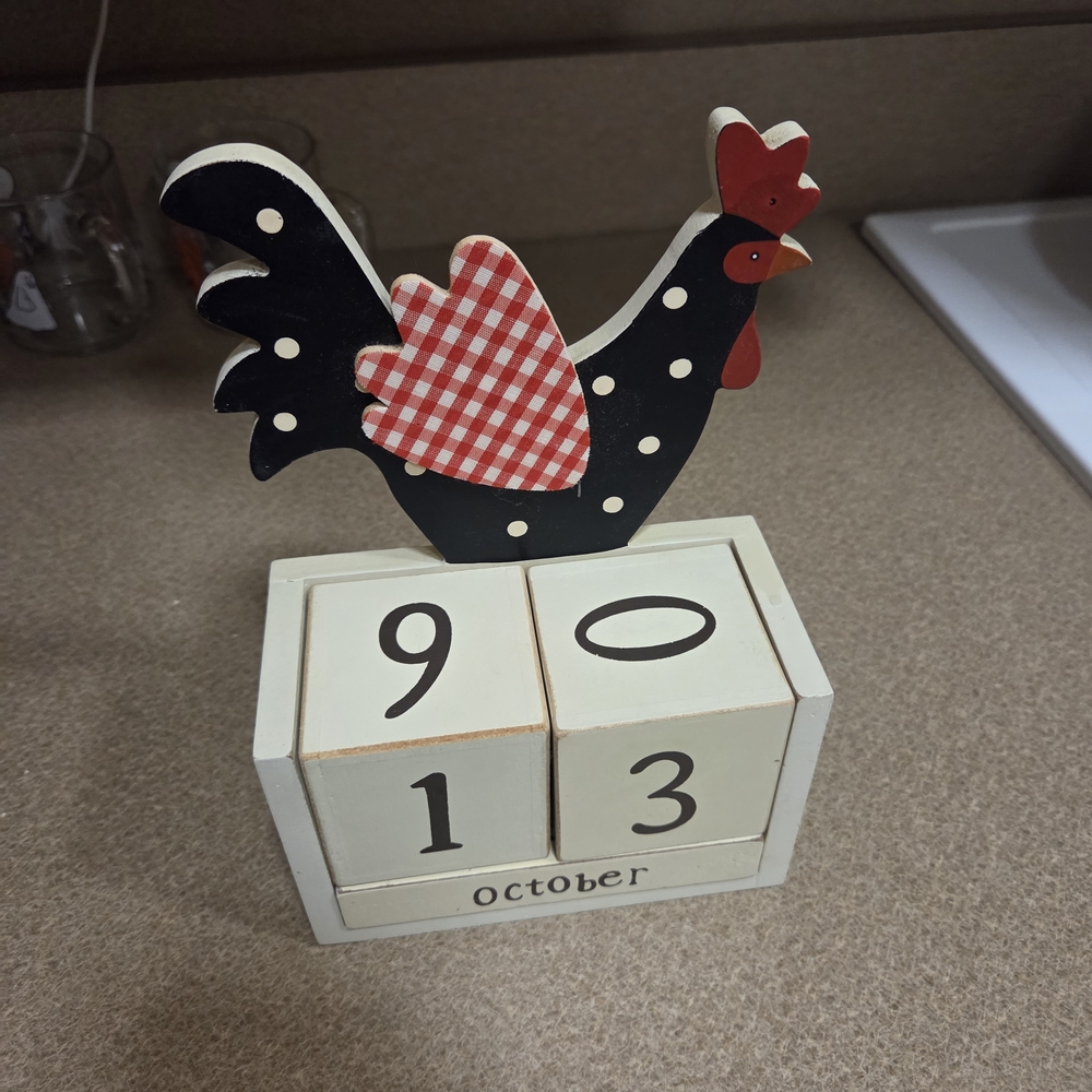 Rooster Perpetual Calendar with Red and Black Accents